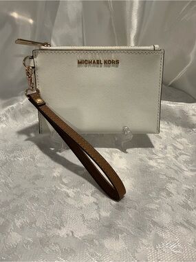 Michael Kors White Leather Wristlet with Brown Strap and Gold Hardware